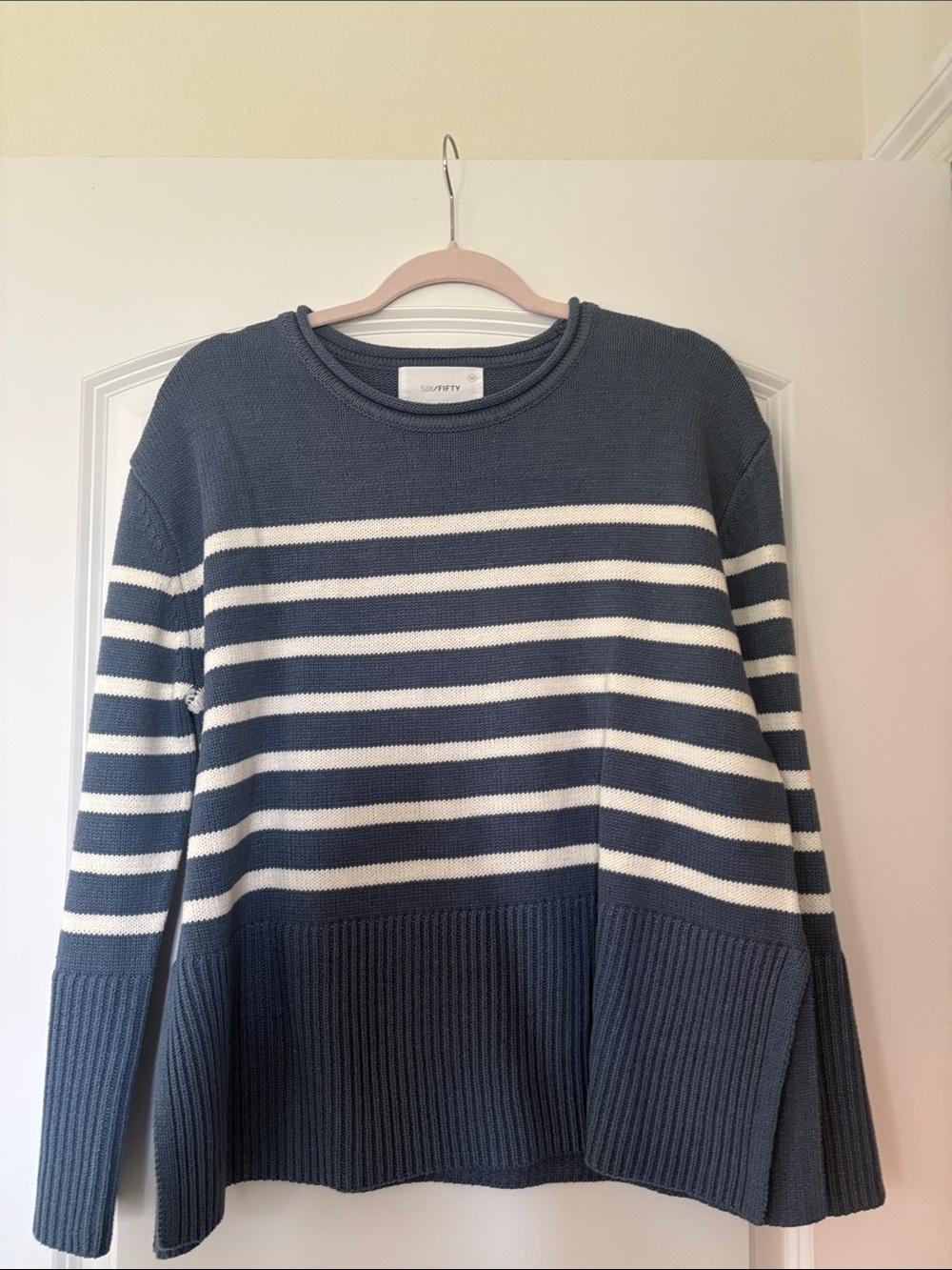 Blue and White Striped Crewneck Sweater